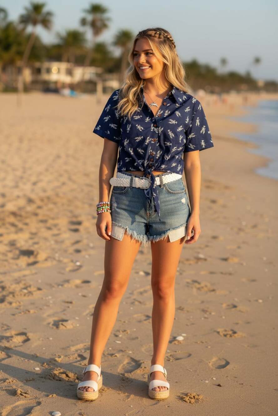 Collectif London Lobster Print Tie Front Crop Top XS US 4 Retro Navy Button Up